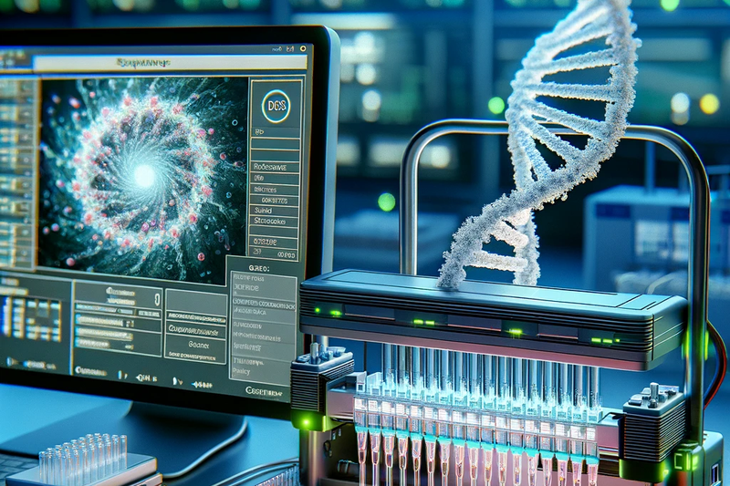 DALL·E 2024-02-17 13.27.10 - A highly detailed and accurate illustration depicting the process of Sequencing by Synthesis (SBS) technology used for SNP analysis. The image shows a